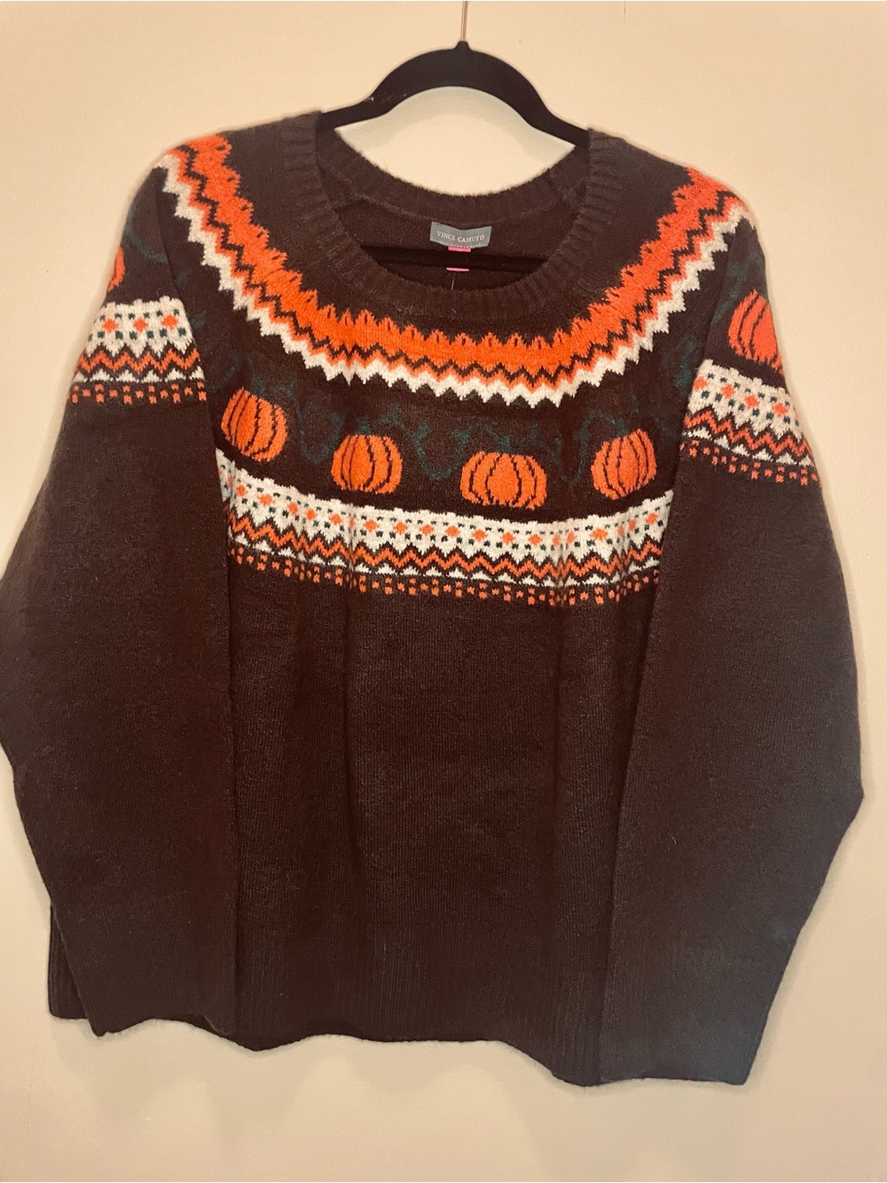 Vince Camuto NWT Pumpkin Fair Isle Fall Sweater Chocolate Brown Orange Size XL